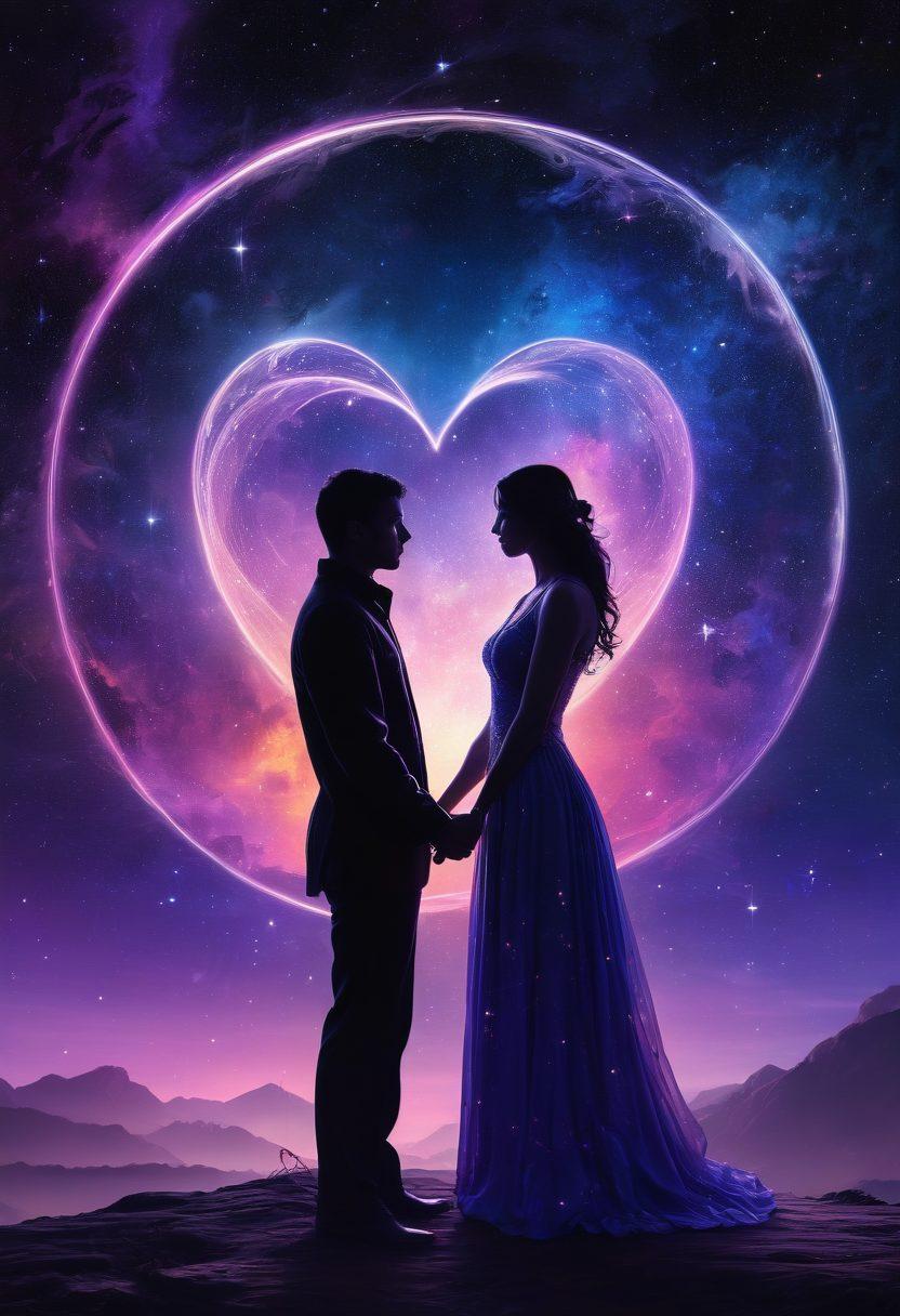 A celestial scene capturing the planet Nibiru radiant in the cosmos, surrounded by glowing heart-shaped constellations. Ethereal ribbons of stardust connect the planet to silhouettes of couples in tender moments, symbolizing heartfelt relationships beneath a starry sky. Enchanting colors of deep blues and vibrant purples blend into a mystical atmosphere. Emphasize cosmic elements intertwined with romance. painting. vibrant colors. 3D.