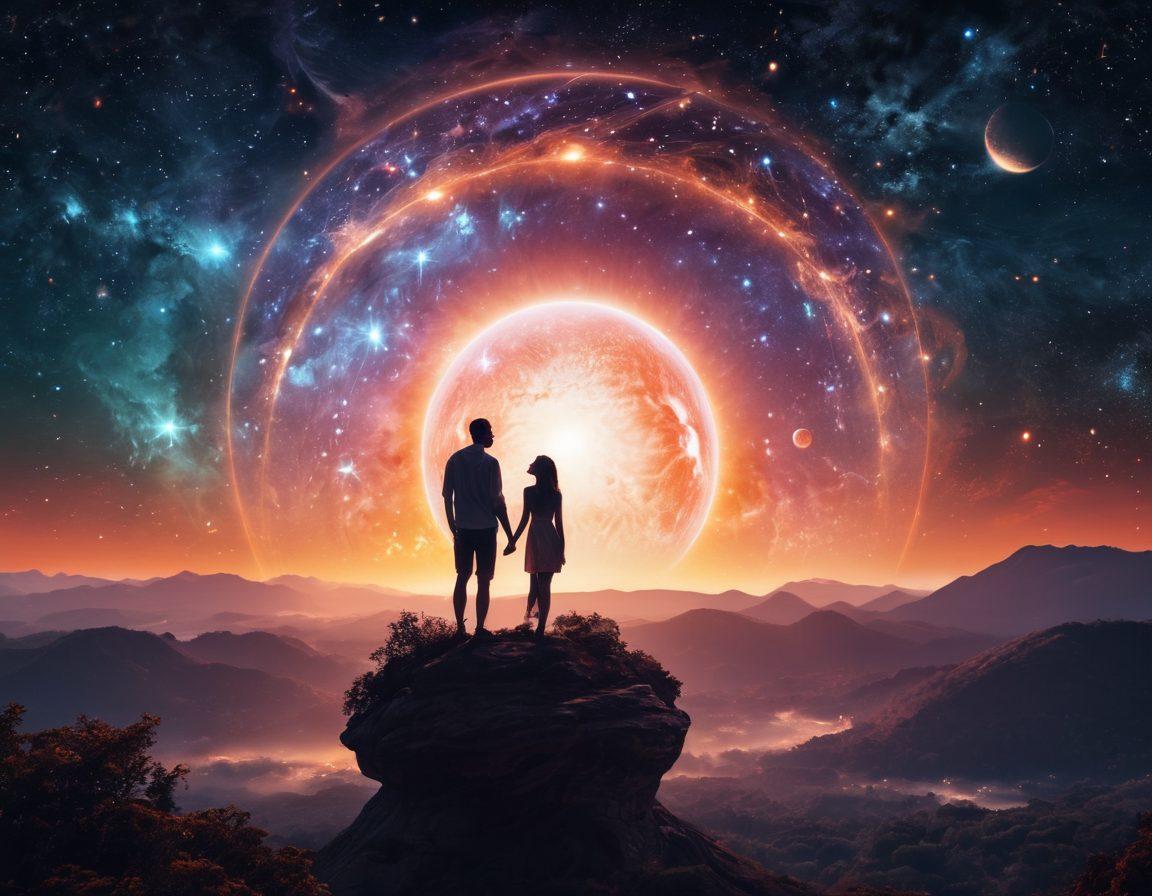 A cosmic background featuring the mythical planet Nibiru, surrounded by celestial bodies and constellations, with a pair of lovers gazing up at the stars, a radiant light illuminating their faces. Ethereal whispers of ancient mythology swirl around them, symbolizing the influence of the universe on romance. Dreamy colors and soft glows create an intimate ambiance. vibrant colors. surreal.