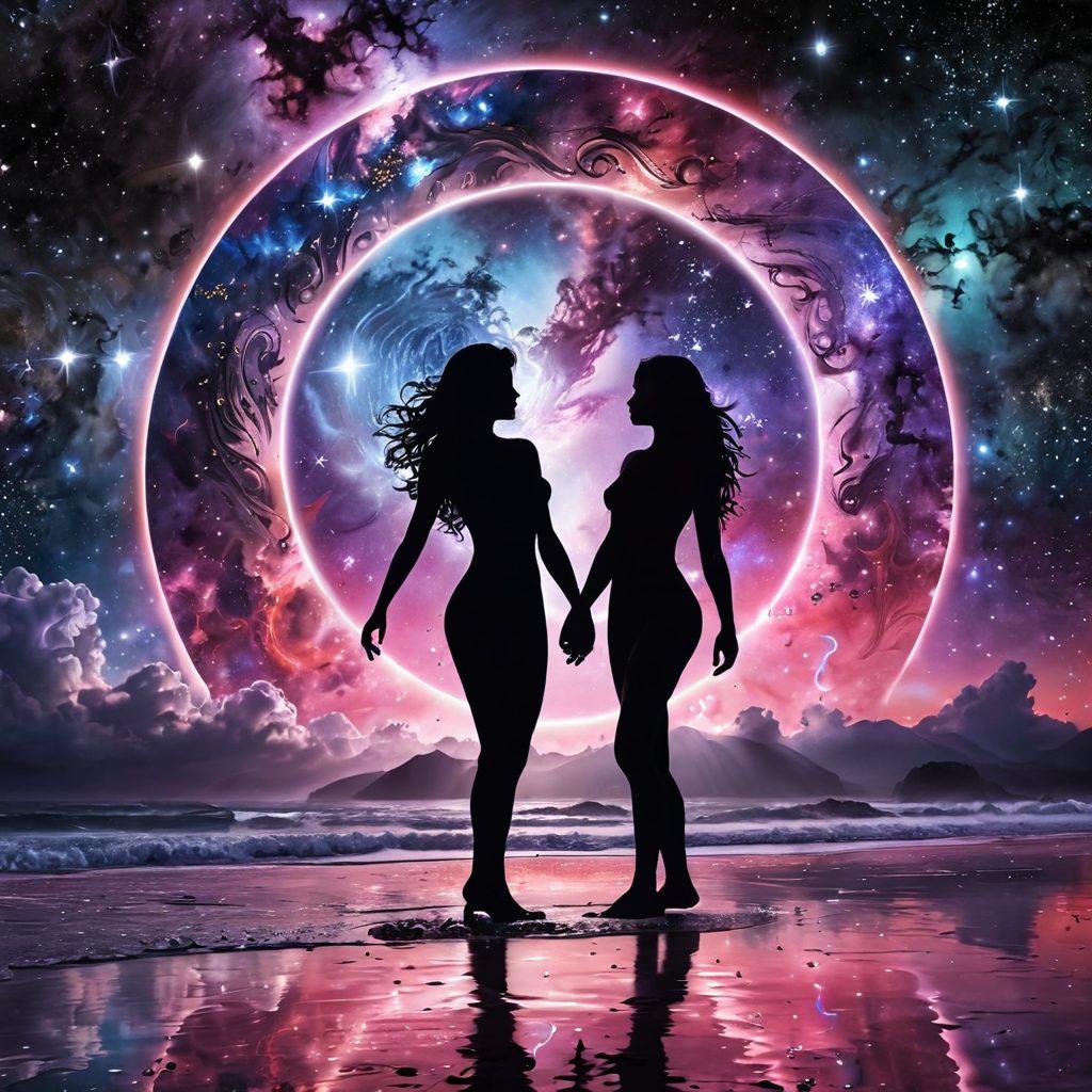 A cosmic scene showcasing the planet Nibiru surrounded by vibrant galaxies and twinkling stars, with ethereal silhouettes of intertwined hearts symbolizing devotion. Mystical energy waves connecting Nibiru to a figure gazing in awe, reflecting deep emotions of love. Use of rich purples, blues, and pinks to evoke a sense of otherworldly connection. cosmic art. super-realistic. vibrant colors.